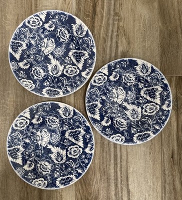 Sur La Table Melamine Navy Blue & White Crosshatch Floral 9  Salad Plates EUC
