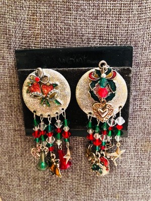 Vtg Moulin Rouge ''Style'' Artisan Dsgn Gltrd Christmas Mix Dangle Clip Earrings