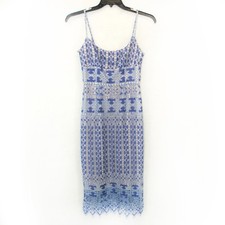 BCBG Max Azria Blue Lace Lined Y2K Boat Neck Cocktail Dress Straps Zip Small