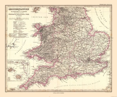 Historic Map - England Wales - Stieler 1885 - Vintage Wall Art