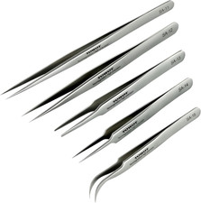 Precision Tweezers, 5 PCS Stainless Steel, Non-Magnetic, Heat Resistant