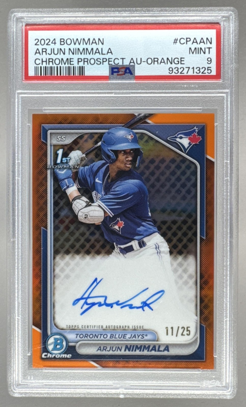 Arjun Nimmala 2024 Bowman Chrome Orange Refractor 1st RC Auto 11/25 PSA 9 view 1