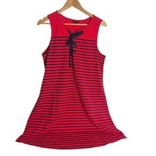 Talbots Shift Dress Size L Red Navy Striped Lace Up Knit Nautical Preppy