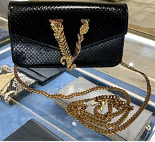 Versace Black Embossed Medusa Logo Small Crossbody Bag Gold Chain Strap