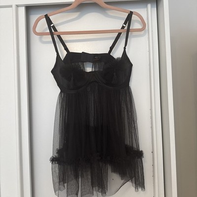 Ann Summers Pleated Babydoll Size L Black sheer Lingerie nightwear 