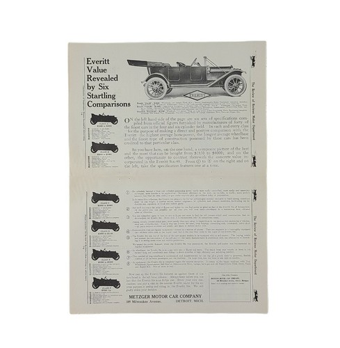 Detroit MI Everitt Metzger Ad Antique Original 1912 Motor Car Comparison Chart