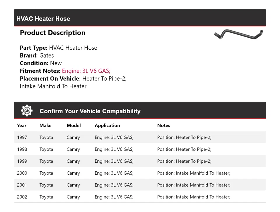 Puertas de manguera de calefacción de gas para Toyota Camry 1997-2002 3L V6 1998 1999 2000 2001 Foto 2 de 4