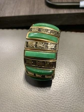 Gold Tone Oriental Text Embossed Green Marble Lucite Acrylic Expandable Bracelet