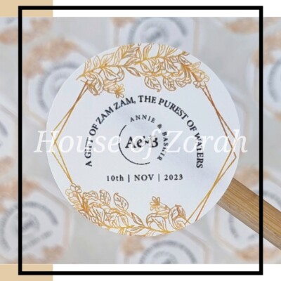Personalisierte runde Aufkleber gold & weiß Blumen Hochzeit Party Etiketten Zam Zam