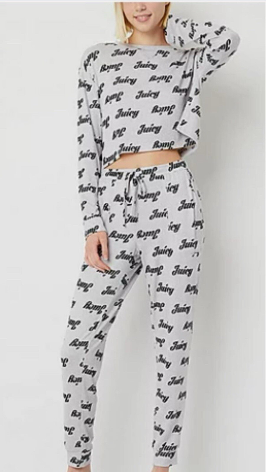 Juicy Couture Pijama Ropa de Dormir Script 2 Piezas Gris Jersey Conjunto de Salón Talla L