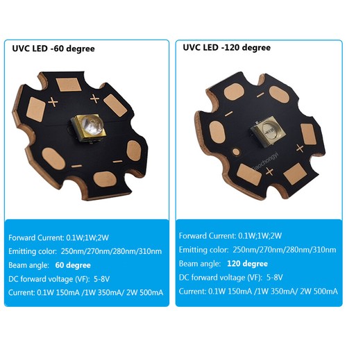 UVC LED 250nm 270nm 310nm 5-7V 0.1W 1W 2W Ultra Violet LED Lamp with Copper PCB - Picture 3 of 9