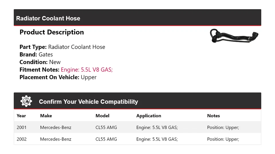 Manguera de refrigerante de radiador para Mercedes-Benz CL55 AMG 2001-2002 puertas superiores Foto 2 de 3
