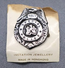 Vintage Tin Toy Police Badge Unused w/ Card 1950s Special Police Pin Hong Kong