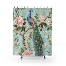 Chinoiserie Curtain - Peacock Chinoiserie Floral Shower Curtain - Bathroom Decor