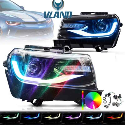 RGB LED&DRL Headlights For 2014-2015 Chevy Camaro Sequential Multi-color Lamps