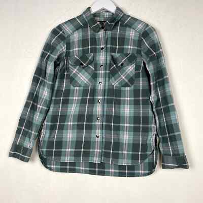 Eddie Bauer Women's Size S Green Flannel Plaid Long Sleeve Snap Up Shirt Top