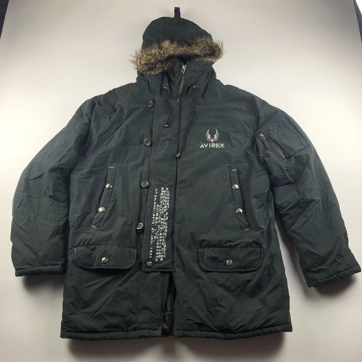 VTG 90s Avirex Flight Big Spellout Snorkel Parka Jacket Fur Hood L