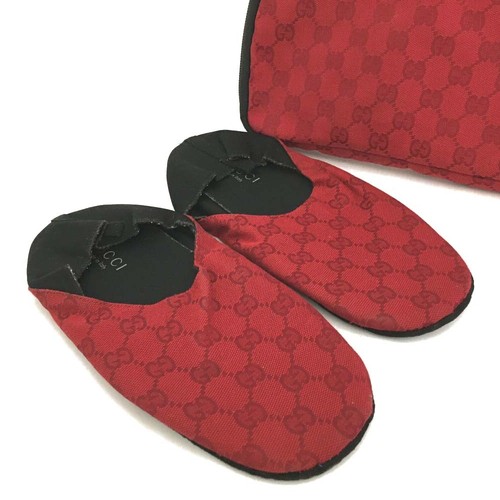 GUCCI GG Logo Canvas Slippers Room Shoes w/Pouch Red/3AG0879