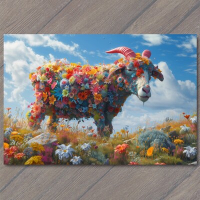Art Print Goat Covered Flowers Cute Colorful Unreal Strange Fun Unusual Bright