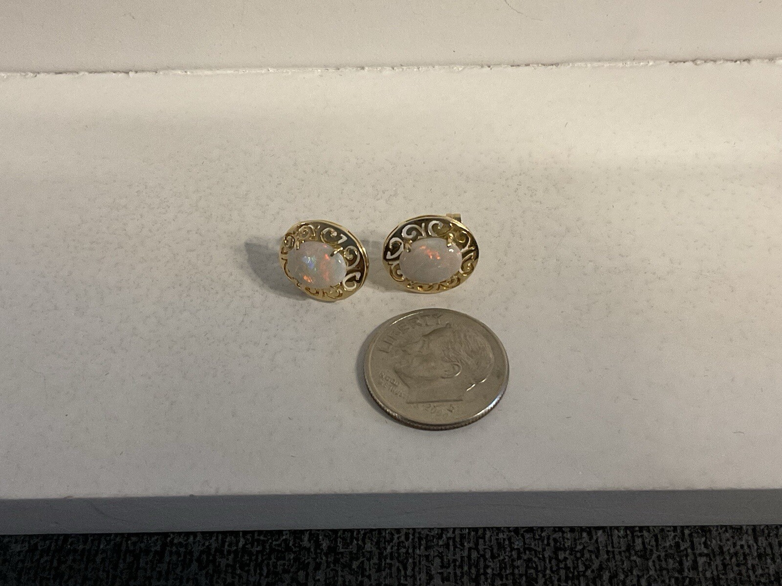 14K Solid Yellow Gold Oval Opal Stud Earrings - image 11