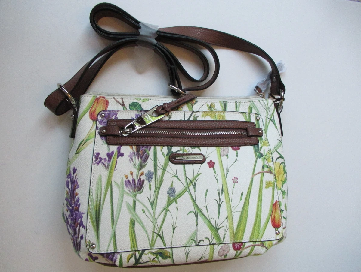 NEW DANA BUCHMAN FLORAL KRISTI CROSSBODY HAND BAG PURSE, BROWN TRIM,  W/TAGS, NWT