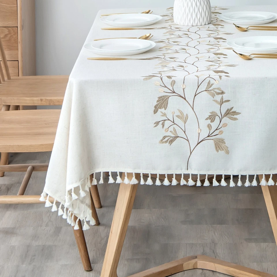 High Quality Washable Wrinkle Free Cotton Linen Tablecloth with Tassel - Image 2 of 4