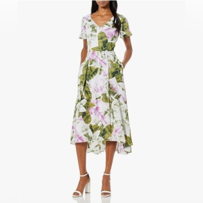 Tahari By Arthur S Levine Floral High Low Midi Dress Sz 12 Pleated Side Pockets