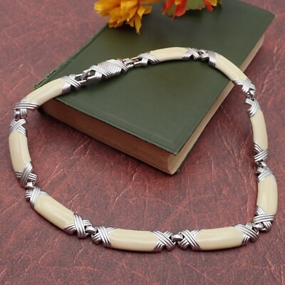 Vintage Monet Cream Enamel Silver Tone X Design Panel 17'' Necklace