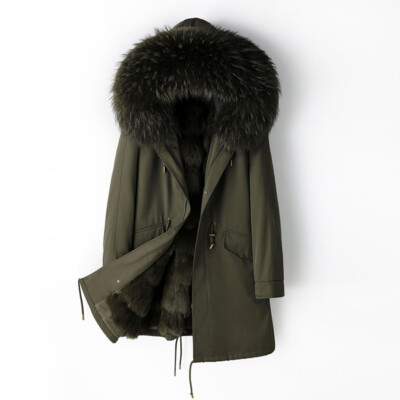 Women's Natural Raccoon Fur Collar Hooded Coats Fox Fur Liner Jackets Warm Parka