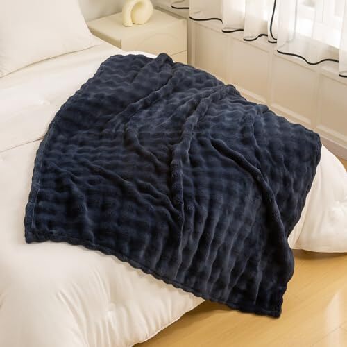 Faux Fur Throw Blanket with 3D Bubbles Super Soft Throw(50" x60") Navy