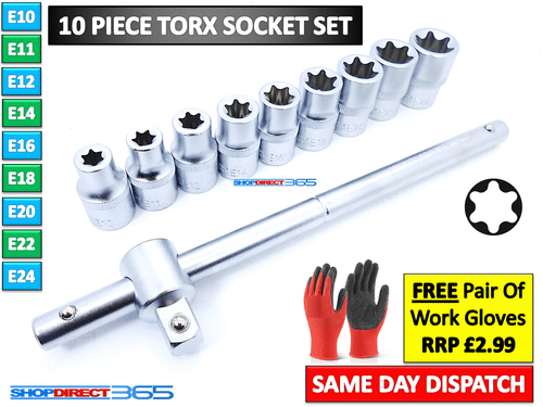 10 PC E TORX STAR SOCKET SET WITH WRENCH EXTERNAL FEMALE 1/2" DRIVE E10-E24 8-16 - Picture 2 of 3