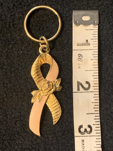 Pink Ribbon Enamel Gold Metal toned Flower Keychain Keyring - Picture 5 of 6