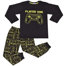 Kids Boys Girls Pyjama Player One Contrast Top Bottom 2 Piece Sleepwear Set 2-13