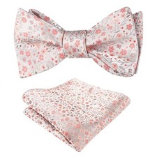 Mens 2pcs Floral Self-tied Bow Tie with Pocket Square 045-silver coral