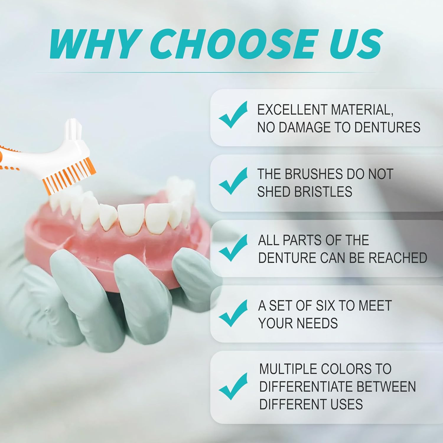 6 Pcs Denture Brush Set for False Teeth with Double-Sided Design, 4 Colors