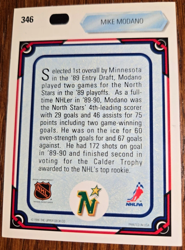 1990-91 Upper Deck Mike Modano All Rookie Team RC #346 Minnesota North Stars HOF - Image 2 of 2