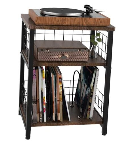 3-Tier Black Iron Wire Mesh Record Player Stand with Double Storage Layers  -image