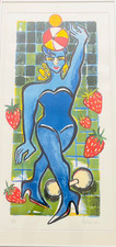 ELVIRA BACH "Blau machen" mit Erdbeeren "AP" - Lithographie  H 90cm x B 45cm