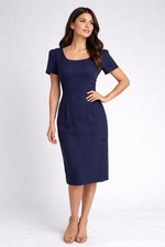 Taurus II Navy Linen Blend Dress 12P Petite Short Sleeve Knee Length Comfort