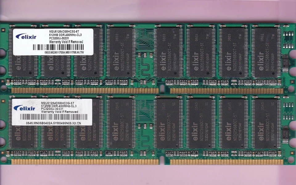 KIT DE MEMORIA RAM 1GB 2x512MB PC3200 ELIXIR DDR-400 M2U51264DS8HC3G-5T DDR1 CL3 Foto 2 de 4