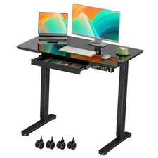 Glass Standing Desk with Drawer, Electric Sit Stand Desk with Wheels, Black