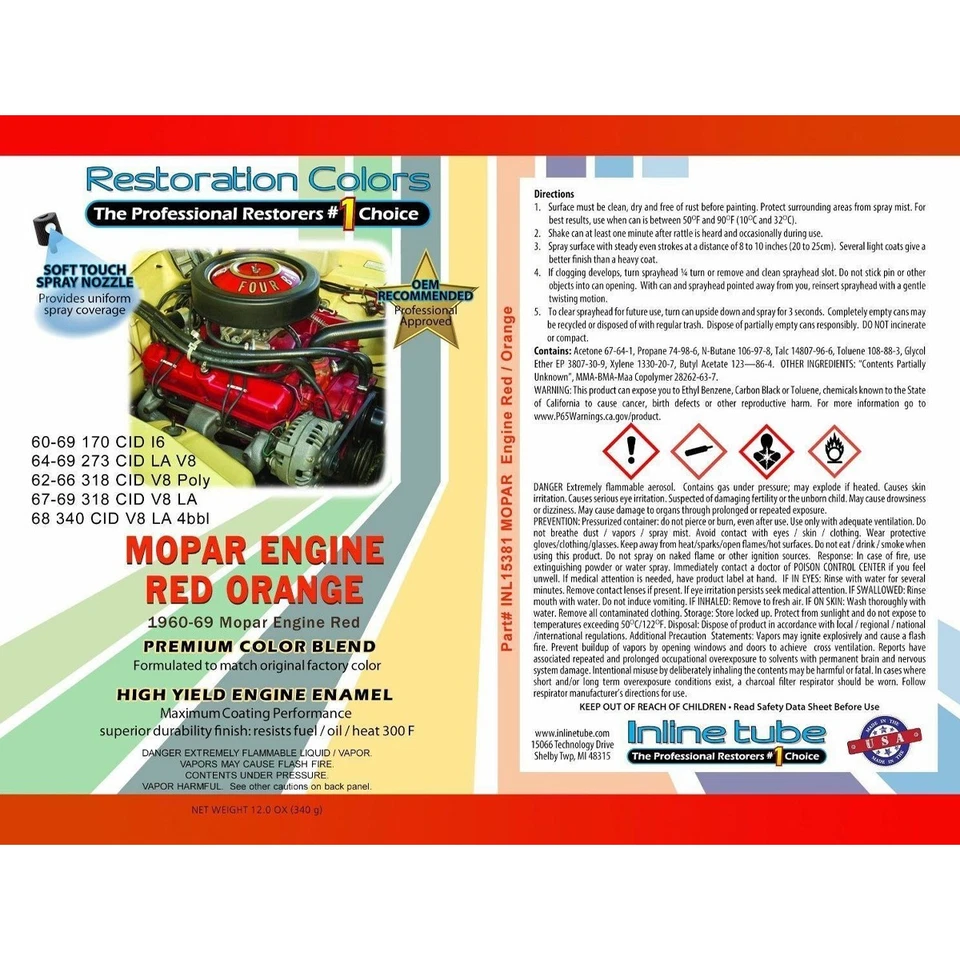 Mopar Plymouth Chrysler 1960-1969 motor de alta temperatura rojo naranja pintura en aerosol 2 latas Foto 2 de 4