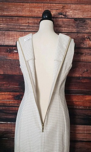 Calvin Klein Dress Size 10 Sheath Tan White Checked Zip Back Stretch Womens - Picture 5 of 12