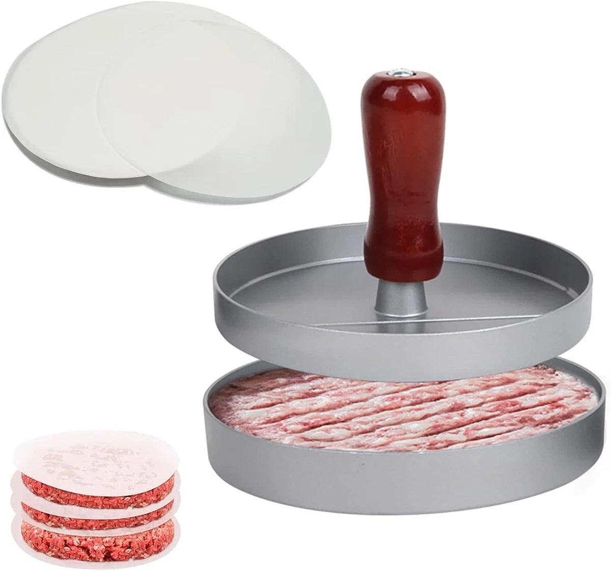 Prensa para hamburguesas de aluminio Winmiya con 100 papeles encerados antiadherente carne hamburguesa