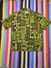 Vintage 60s Sears Loop Collar Barkcloth Tribal Geometric Hawaiian Shirt  Mens L