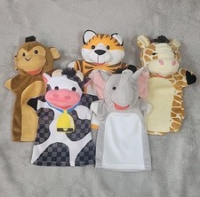 5 Melissa  Doug Hand Puppet Lot Plush Tiger Giraffe Monkey Elephant Cow Play