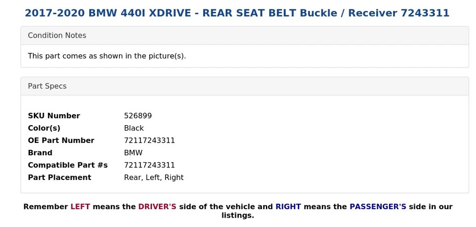 BMW 440I XDRIVE 2017-2020 - Hebilla/receptor del cinturón de seguridad trasero 7243311 Foto 4 de 4