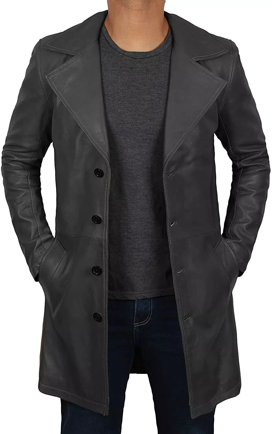 Men's 100% Real Lambskin Black Leather Trench Coat Winter Jacket Designer Coat