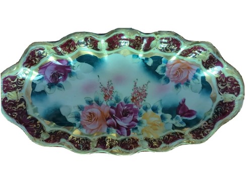 Vtg Nippon Hand Painted Pink & Yellow Roses Maroon & Gold Antique Celery Dish - Picture 2 of 7
