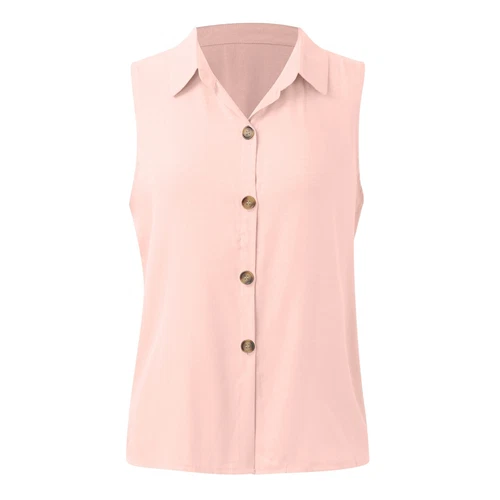 Damen Ärmellose Button Down Shirts Blusen Einfarbig Freizeit Leinen V Ausschnitt - Bild 3 von 39